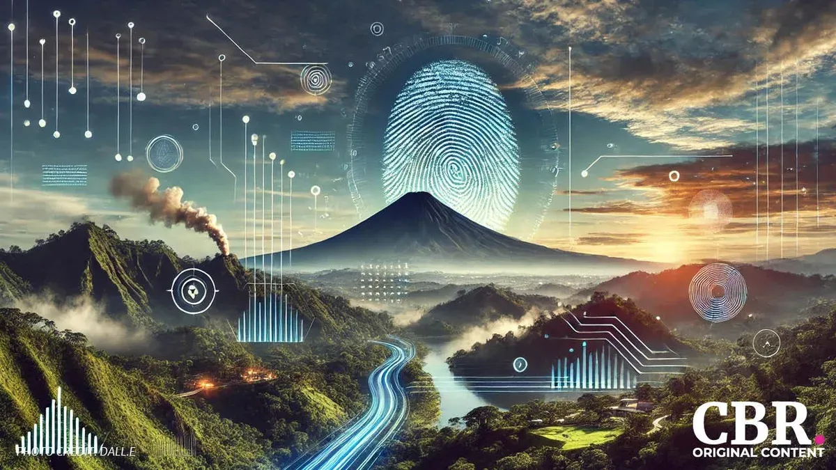 A digital fingerprint hologram rising above a misty volcano landscape
