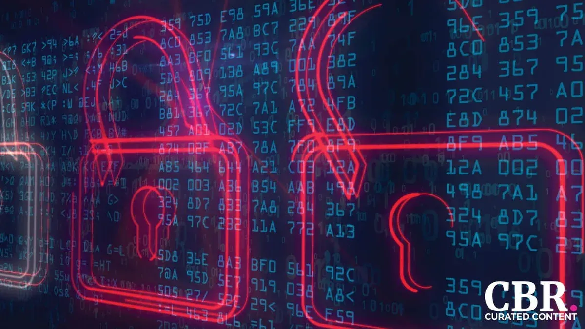 Neon red padlock outlines over a wall of glowing blue code