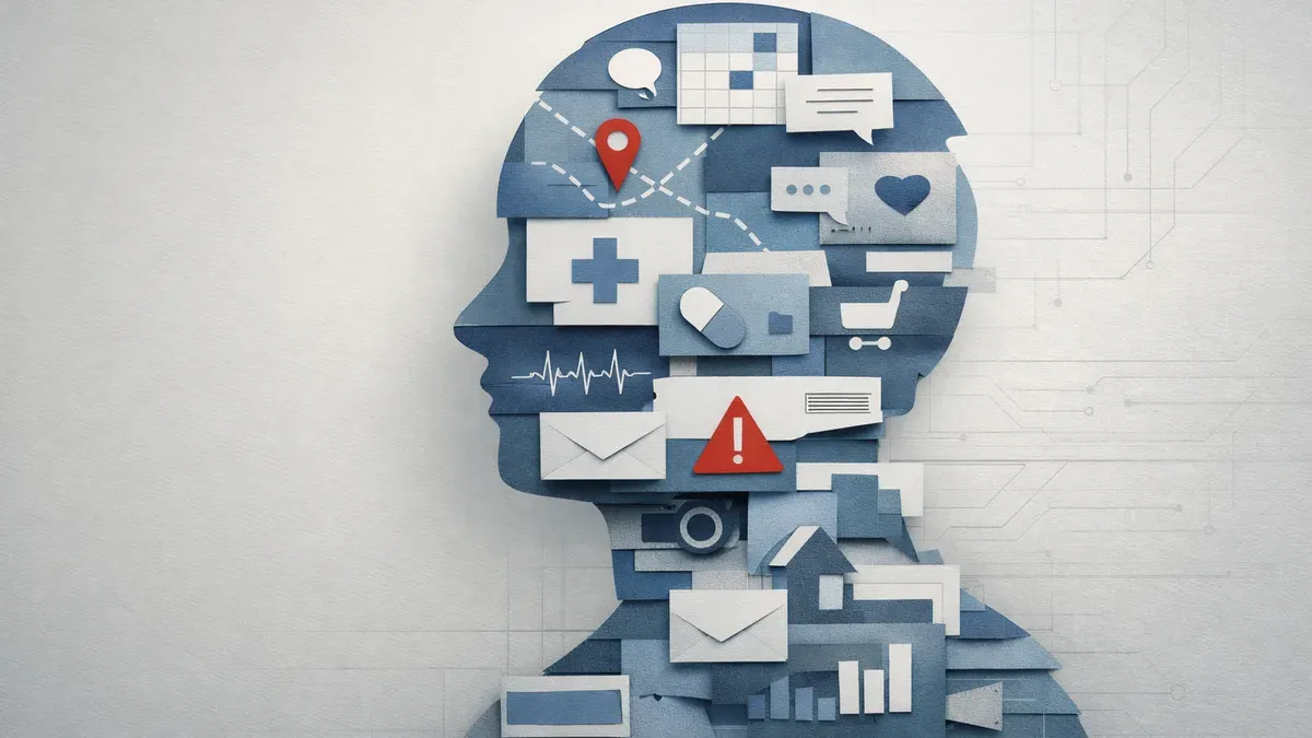 A paper-craft illustration of a human head in profile, filled with icons representing health, location, messaging and financial data