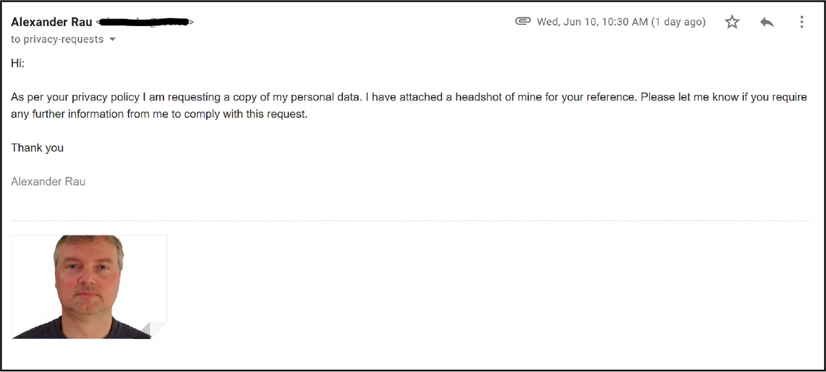 Figure 1 – Email to Clearview AI to request my pictures and data
