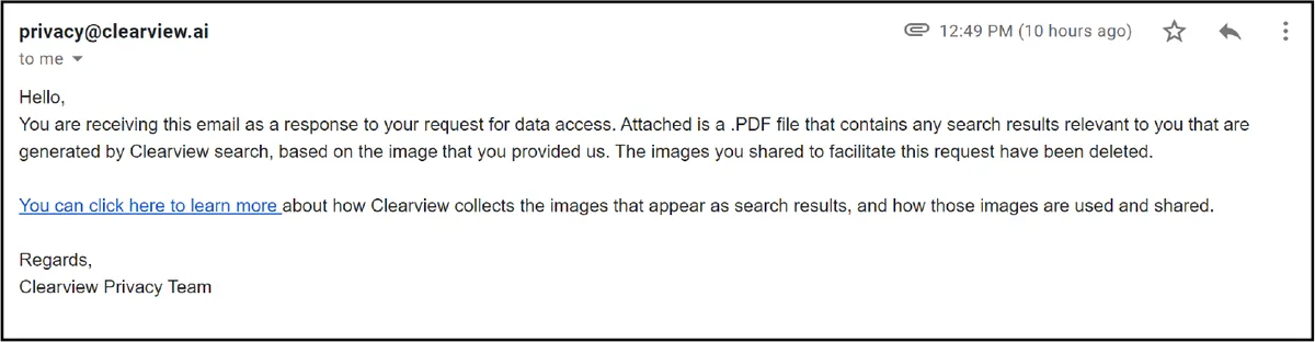 Figure 2 – Email response from Clearview AI Privacy Team