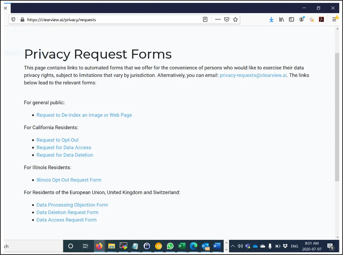 Figure 6 – Clearview’s Privacy Request Forms Page